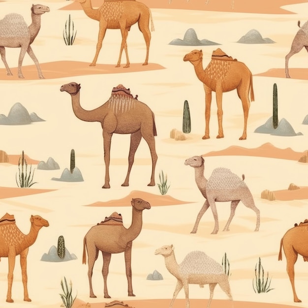 Camelos no deserto com cactos