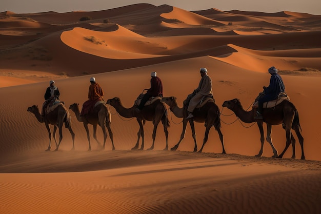 Camelos no deserto com o pôr do sol