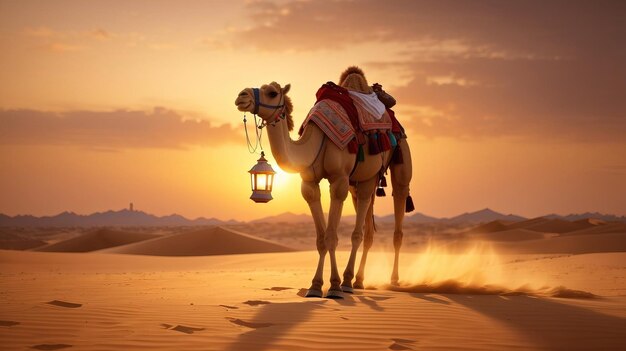 camelos no deserto com uma lanterna