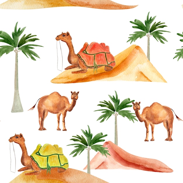 Camelos no padrão perfeito de aquarela do deserto