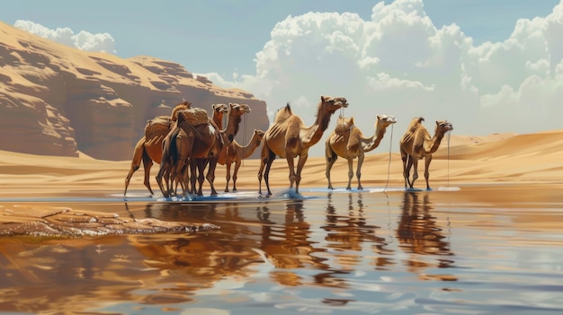 Camelos realizando um concurso de bebida de água no deserto