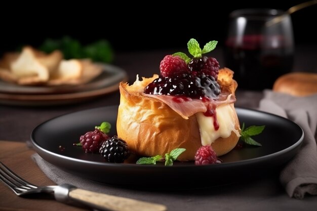 Foto camembert al horno en brioche de jamón de parma con bayas generate ai