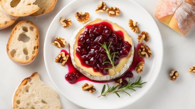 Foto camembert com molho de cranberry e nozes em fundo de mármore branco vista superior ia generativa