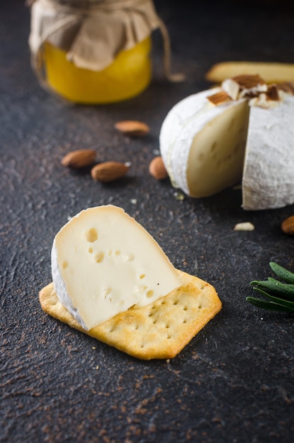 Camembert-Käse mit weißem Schimmel, Walnüssen, Honig und getrockneten Früchten Abendessen oder Aperitif-Konzept