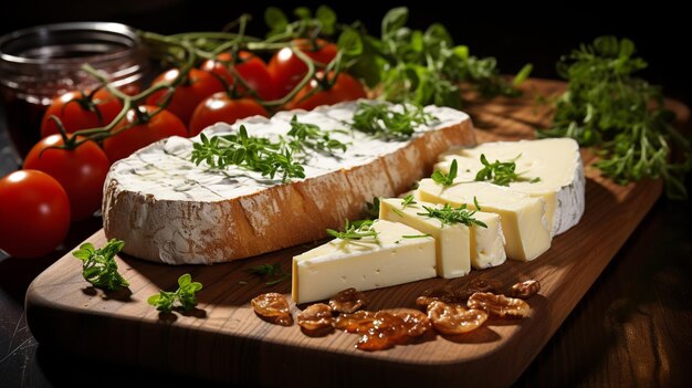 Foto camembert y queso brie en madera con tomates