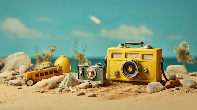 Câmera 3D vintage com configuração de aventura de praia em praias de areia