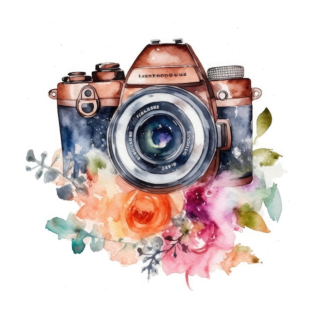 Câmera aquarela retrô vintage perfeita para logotipo de fotografia Ilustração em aquarela