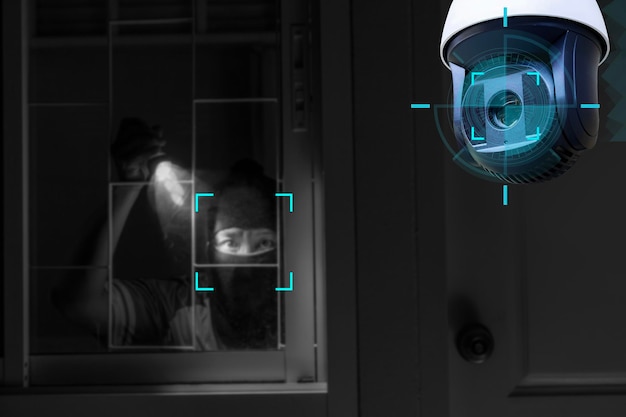 Câmera CCTV mostrando um ladrão roubando coisas na casaCâmera de segurança doméstica inteligente na paredeAs câmeras trabalham dia e noitegravação de vídeo no escuro