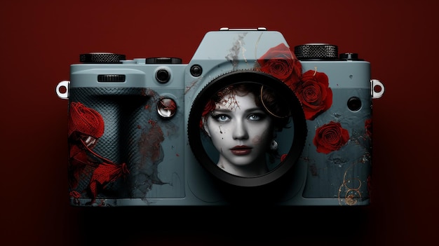 Câmera com rosto de mulher pintado Imagem atraente única de uma mistura criativa Dia Mundial da Fotografia