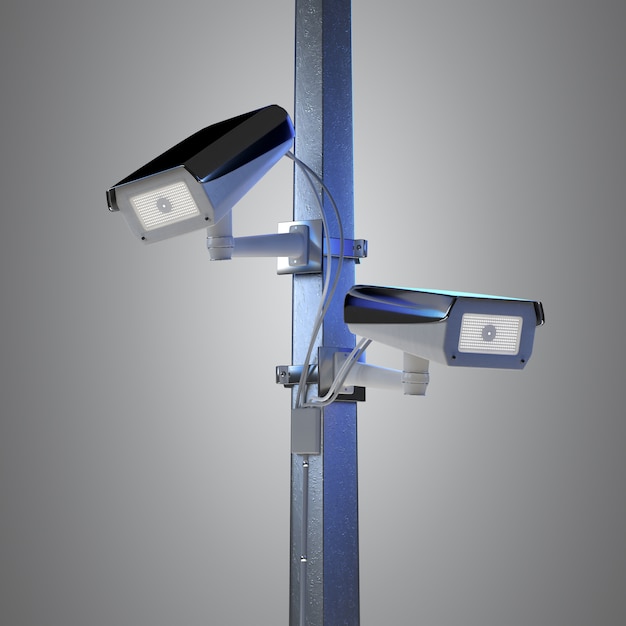 Câmera de cctv de segurança de rua isolada em um fundo - renderização em 3d