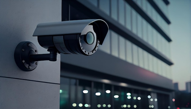 Câmera de CCTV pública moderna na parede com fundo desfocado Gravando câmeras para monitorar o dia e a noite