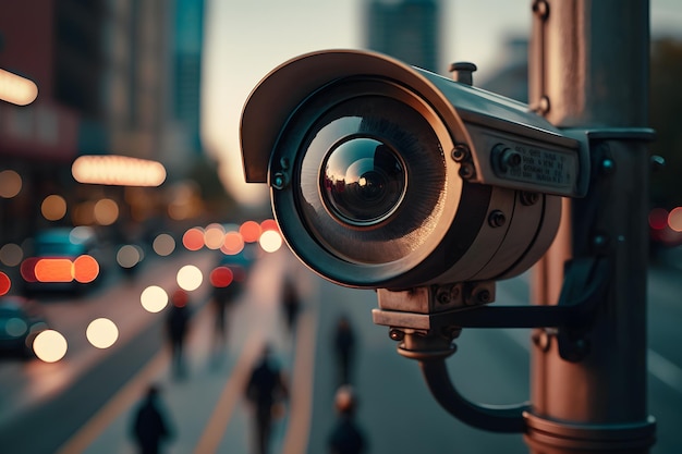 Câmera de CFTV ou vigilância operando na rua e construindo à noite Rede neural gerada por IA