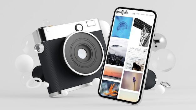 Câmera de mídia social e smartphone mostrando renderização em 3d de portfólio