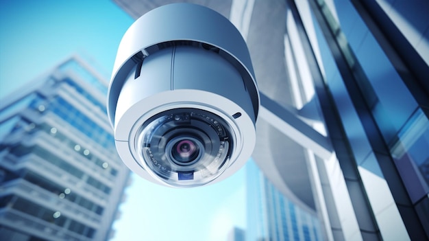câmera de segurança de alta tecnologia de 360 graus na borda de um prédio, câmera próxima, filmada com fundo desfocado