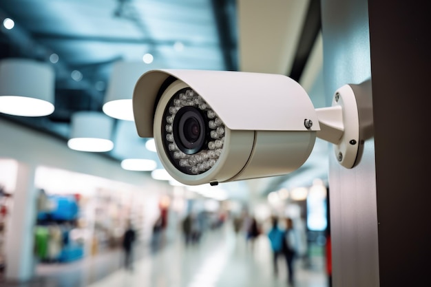 Câmera de segurança vista de perto em uma parede dentro de um shopping generativo AI