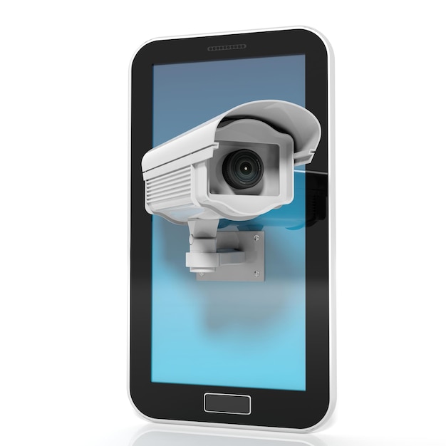 Câmera de vigilância de segurança na tela do tablet isolada no fundo branco