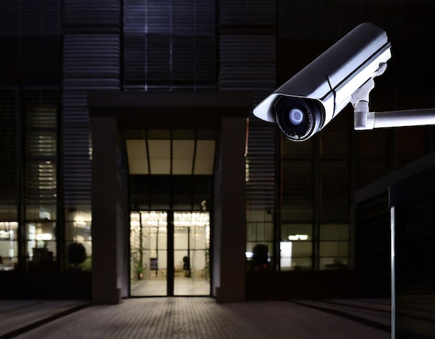 Foto câmera de vigilância na entrada do escritório do banco.