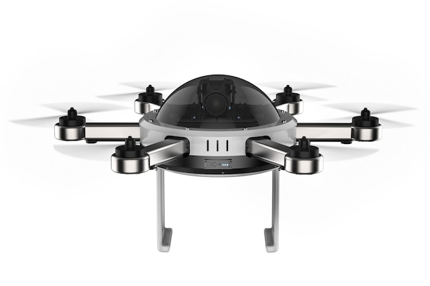 Câmera drone de renderização 3D com seis lâminas girando isoladas em branco
