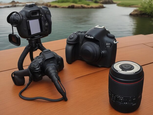 câmera dslr na mesa e belo fundo