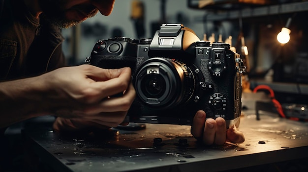 Câmera DSLR profissional em uma mesa com as mãos de uma pessoa ajustando configurações de iluminação ambiente quente