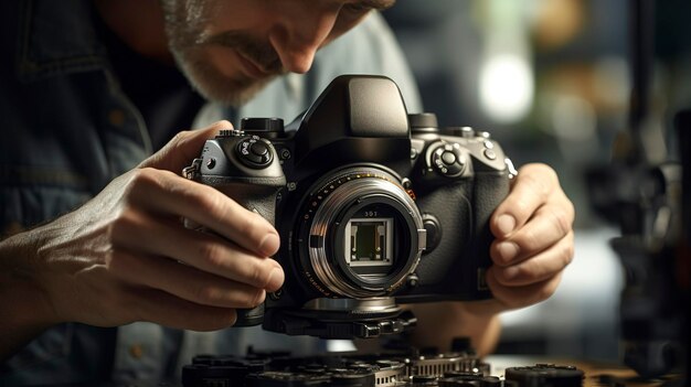 Câmera DSLR profissional em uma mesa com as mãos de uma pessoa ajustando configurações de iluminação ambiente quente