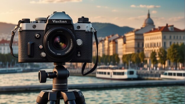 Câmera em tripé com vista panorâmica para o rio e a cidade