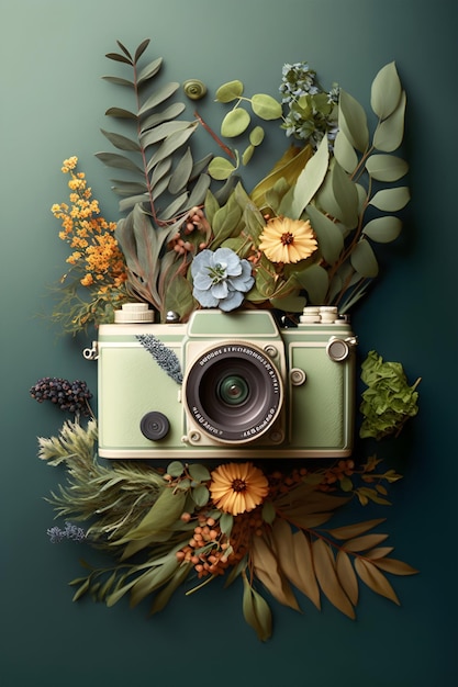 Câmera fotográfica antiga vintage e decoração de flores