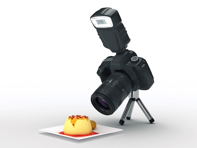 câmera fotográfica e comida