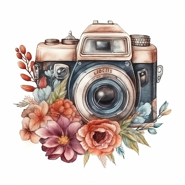 Câmera fotográfica em aquarela com flores Esboço ilustração de estilo mão desenhar rabisco retrô vintage Ícone logotipo impressão sublimação clipart AI gerado