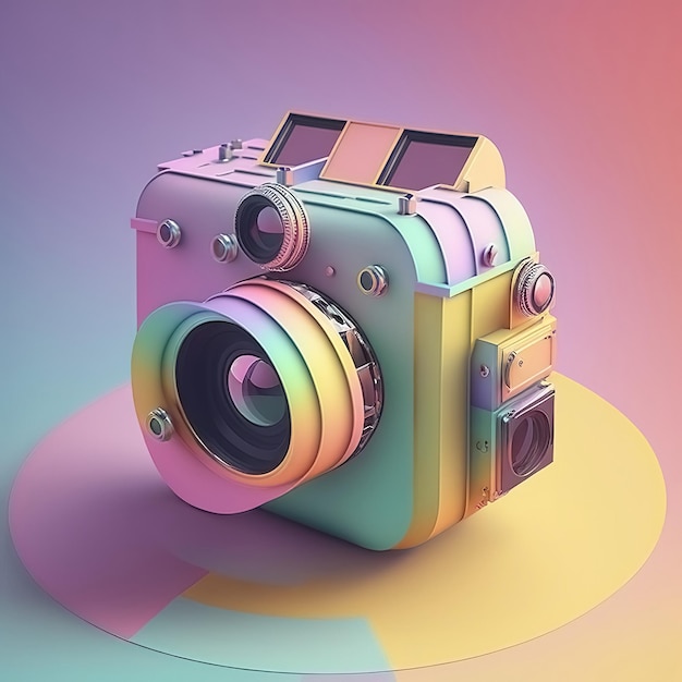 Câmera fotográfica ultra macia engraçada isolada no fundo rosa Cores pastel Cartaz colorido e banner Ilustração 3D de estilo de ar mínimo dos desenhos animados