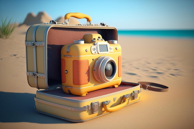 câmera fotográfica vintage e mala na praia