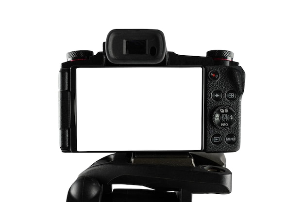 Foto câmera mirrorless moderna pronta para gravar com tela em branco
