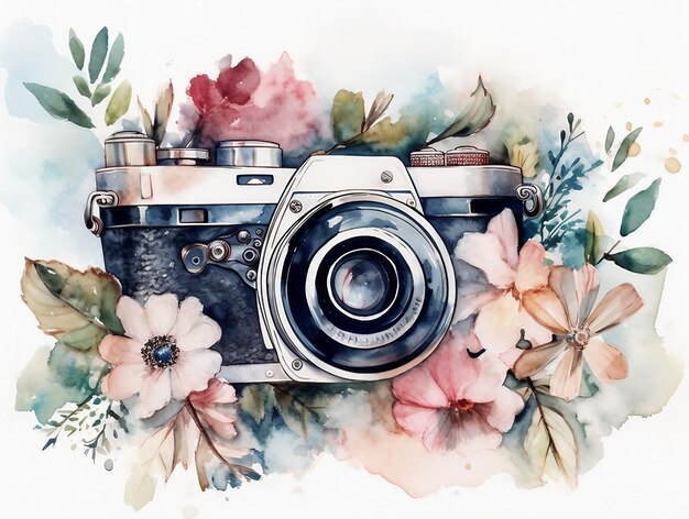 Câmera retro aquarela cercada por flores isoladas em branco