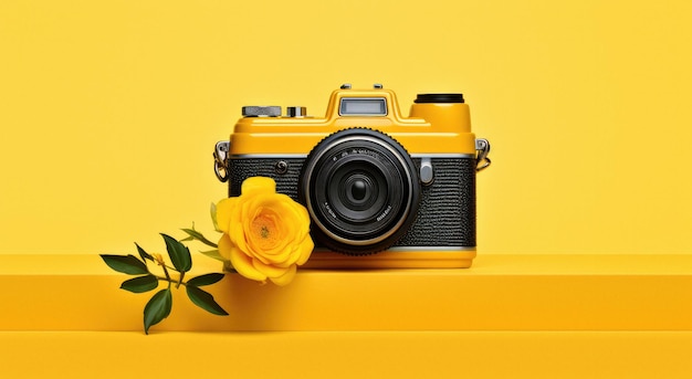 Câmera retro em cores amarelas brilhantes com flores ao redor