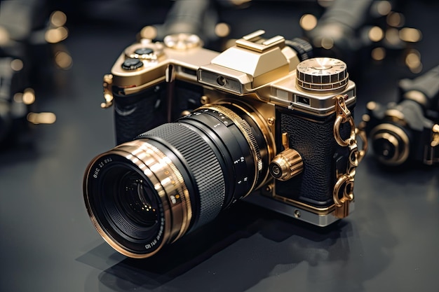 câmera slr dourada vintage com lente longa feita de ouro