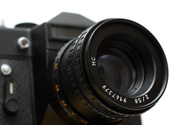 Câmera slr preta com closeup de lente