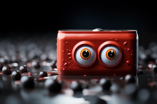 Câmera vermelha peculiar com olhos de desenho animado