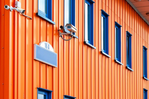 Câmeras de CFTV são instaladas na parede vermelha na entrada do supermercado Sistemas de segurança e antifurto Sistema de segurança para um shopping moderno Parede vermelha e janelas azuis