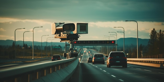 Câmeras e radares de controle de velocidade ao longo de uma rodovia movimentada monitoram e registram violações de velocidade AI Generative AI