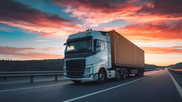 Camião branco na estrada com contêiner de transporte logístico industrial de importação e exportação