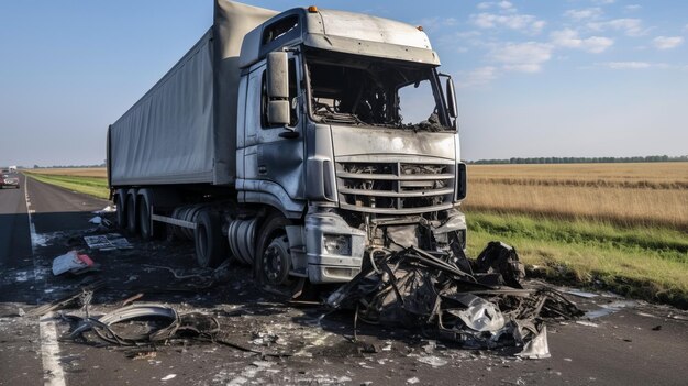 Foto camião danificado após um acidente na rodovia