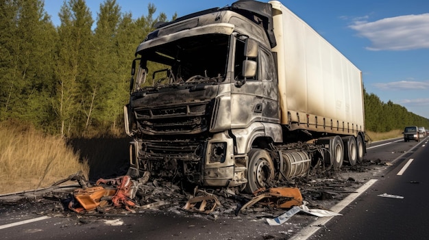 Foto camião danificado depois de um acidente na rodovia