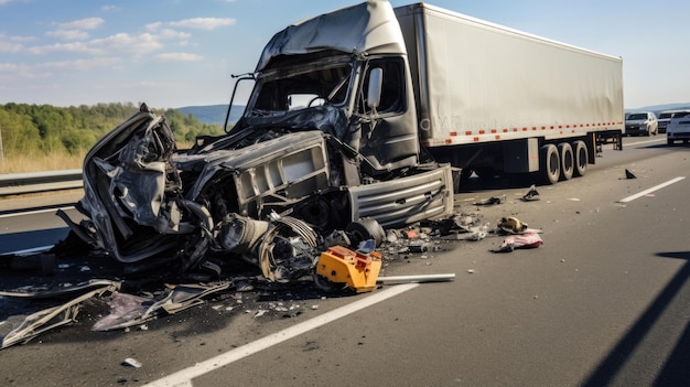 Camião danificado depois de um acidente na rodovia