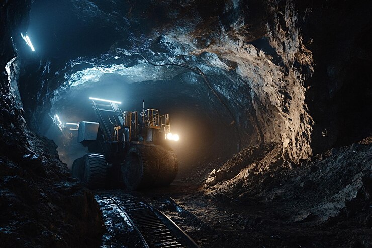 Foto camião de mineração a trabalhar num túnel subterrâneo de minas de carvão
