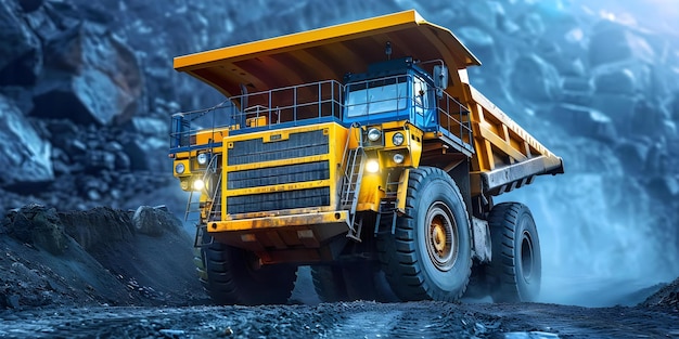 Camião de transporte amarelo em mina de carvão a céu aberto para mineração pesada Conceito Máquinas pesadas Indústria de mineração Extracção de carvões Equipamento industrial de mineração a céu aberto