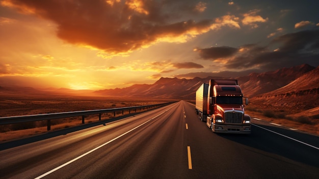 Camião e rodovia no fundo do transporte ao pôr-do-sol