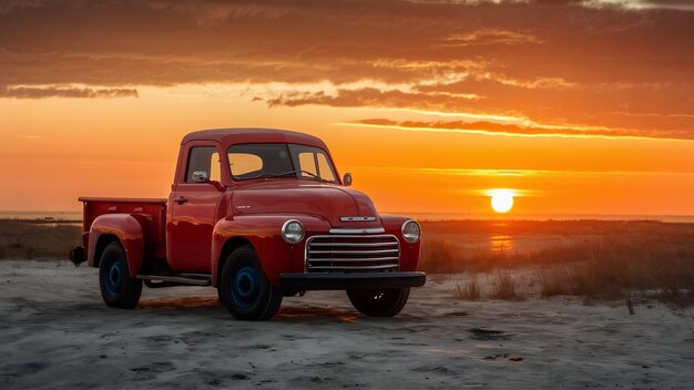 Camião vermelho ao pôr-do-sol