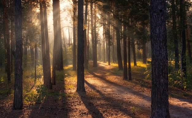 Camina en el bosque. Mañana. Rayos de sol.