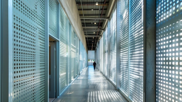 Caminando por un estrecho corredor, los visitantes están rodeados por altas paredes adornadas con grandes paneles de