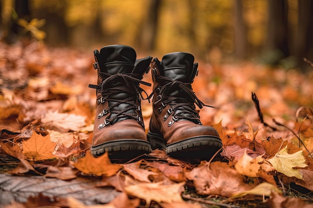 Caminando entre hojas de otoño Botas Closeup